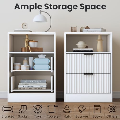 Fluted Nightstand Set of 2, LED Nightstand with Charging Station, Wood Nightstands with 2 Drawers & Metal Handles, Modern Bedside Table & End Tables, Farmhouse Night Stands for Bedroom, White - color: White, style: LED 2 Drawers-2 PCS