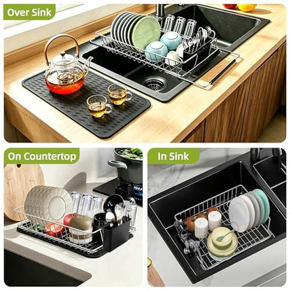 in Sink Expandable Dish Drying Rack with Silicone Mat-Extra Large Stainless Steel Dish Drainer Over The Sink with Utensil Holder, Applicable for Sink Width 16'-22' (Silver,23.2'*12.2') - color: Silver, size: In sink,Large