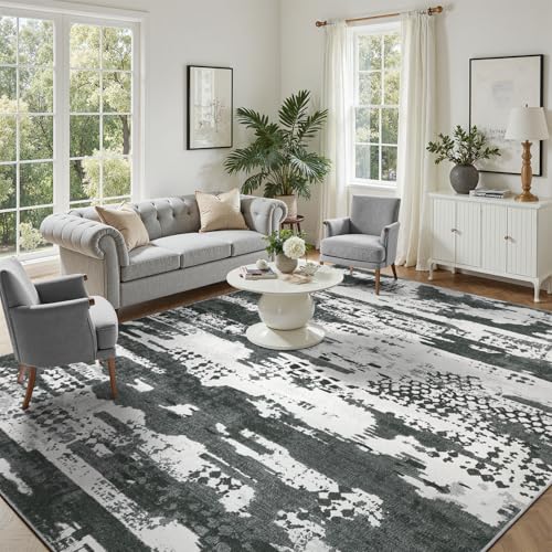 DCX Washable Abstract Area Rug 5x7, Non Slip Low Pile Rug, Black | Easy to clean, non-shedding, soft, kid & pet friendly, with a non-slip rubber backing for living rooms, bedrooms, and offices - color: Black & White, size: 5' x 7' (Rectangular)
