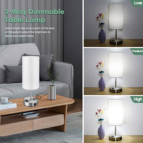 Set of 2 Touch Control Table Lamps with 2 USB Charging Ports&AC Outlet, 3-Way Dimmable Bedside Nightstand Lamps with White Fabric Lampshade for Reading, Bedroom, Living Room, A19 LED Bulbs Included - color: White
