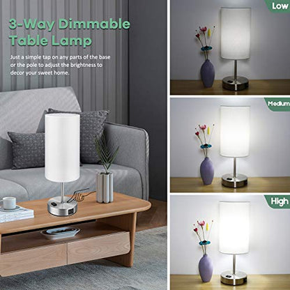 Set of 2 Touch Control Table Lamps with 2 USB Charging Ports&AC Outlet, 3-Way Dimmable Bedside Nightstand Lamps with White Fabric Lampshade for Reading, Bedroom, Living Room, A19 LED Bulbs Included - color: White