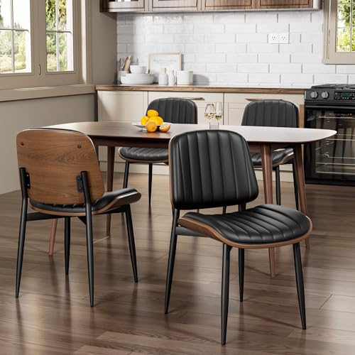 Dining Chairs Set of 2, Mid-Century Modern Upholstered PU Leather Chairs | with Walnut Bentwood Back and Metal Legs Adjustable Feet for Kitchen Dining Living Room, Dark Black Vertical Stripes - color: Dark Black Vertical Stripes