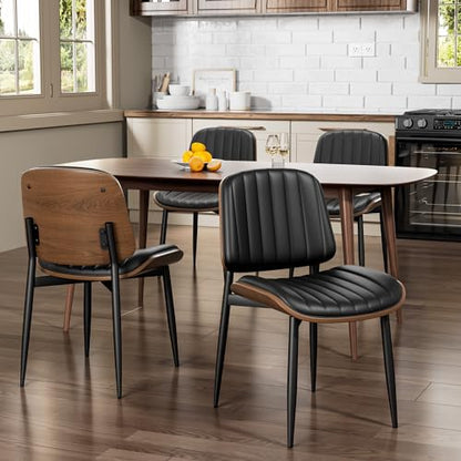 Dining Chairs Set of 2, Mid-Century Modern Upholstered PU Leather Chairs | with Walnut Bentwood Back and Metal Legs Adjustable Feet for Kitchen Dining Living Room, Dark Black Vertical Stripes - color: Dark Black Vertical Stripes