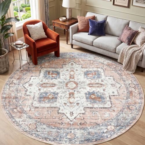 jinchan 8ft Round Rug Vintage Medallion Washable Area Rug, Blue/Orange | Vintage Round Medallion Design, Low Pile, Non Slip, Machine Washable, Ideal for Dining Room, Living Room or Seating Area - color: Blue/Orange, size: 8' (Round)