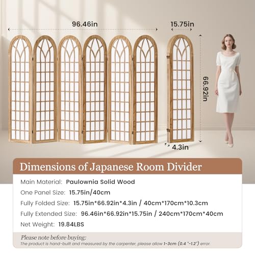 6 Panel Japanese Room Divider, Folding Privacy Screen, Natural | Arched Wood Room Divider, 94.5"W X 66.9"H, Fully Assembled For Bedrooms, Open Rooms, Dining Areas, And Home Offices - color: 6 Panel Natural, size: 6 Panel