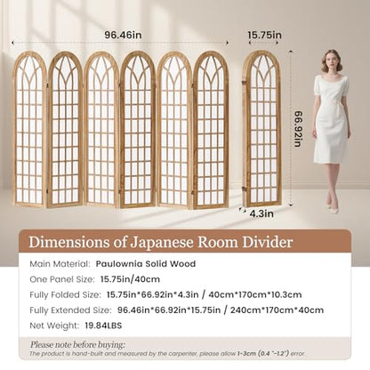 6 Panel Japanese Room Divider, Folding Privacy Screen, Natural | Arched Wood Room Divider, 94.5"W X 66.9"H, Fully Assembled For Bedrooms, Open Rooms, Dining Areas, And Home Offices - color: 6 Panel Natural, size: 6 Panel