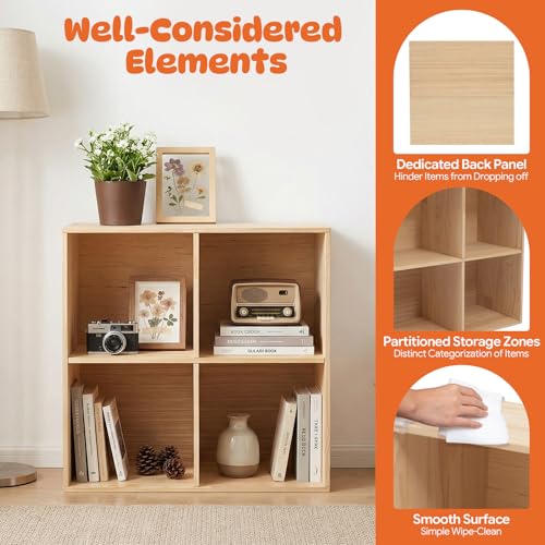 4 Cube Storage Organizer, Solid Wood Bookshelf with Back Panel, Floor Standing Open Bookcase, Vertical or Horizontal Shelf Unit for Living Room Office (23.6" L x 11.8" W x 23.6" H) - size: 4-Cube