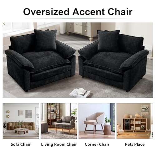 Modern Oversized Chair Set of 2, Comfy Chenille Accent Chair Large Upholstered Armchair with Extra Thick and Deep Seat Lounge Chair for Living Room,Bedroom,Apartment (Black) - color: Black, size: 2