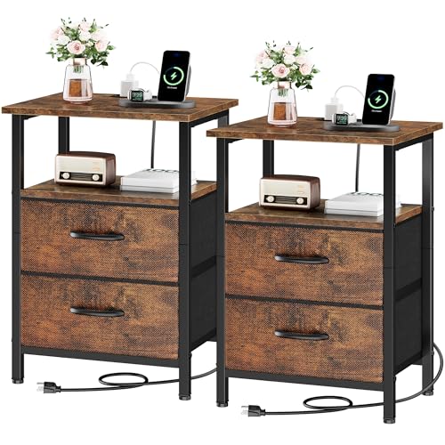Nightstand Set of 2, Rustic Brown, with Charging Station and USB Ports, Bedside Table with 2 Fabric Drawers, 24.2" Tall Side Table with Storage Shelf,Small Night Stand for Bedroom/Living Room - color: Rustic Brown, size: 2 Pieces, style: Ordinary