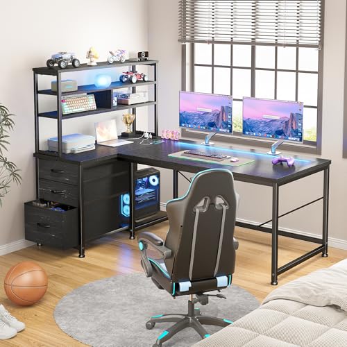 DurayLoly 55" L Shaped Gaming Desk with 3 Fabric Drawers & Shelves | Easy to Assemble Computer Desk with LED Lights, Power Outlet and PC Stand,Home Office Desk for Gaming Room Bedroom,Black - color: Black, size: 18.9"D x 55.1"W x 59"H