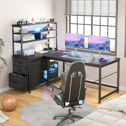 DurayLoly 55" L Shaped Gaming Desk with 3 Fabric Drawers & Shelves | Easy to Assemble Computer Desk with LED Lights, Power Outlet and PC Stand,Home Office Desk for Gaming Room Bedroom,Black - color: Black, size: 18.9"D x 55.1"W x 59"H