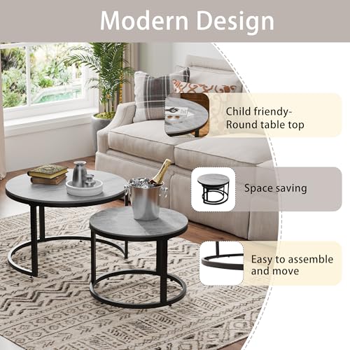 Nesting Coffee Table Set of 2, Round Stacking Coffee Tables with Nesting Coffee Table Set of 2, Round Stacking Coffee Tables with Resin Top & Metal Frame - color: Media Size + Black Frame