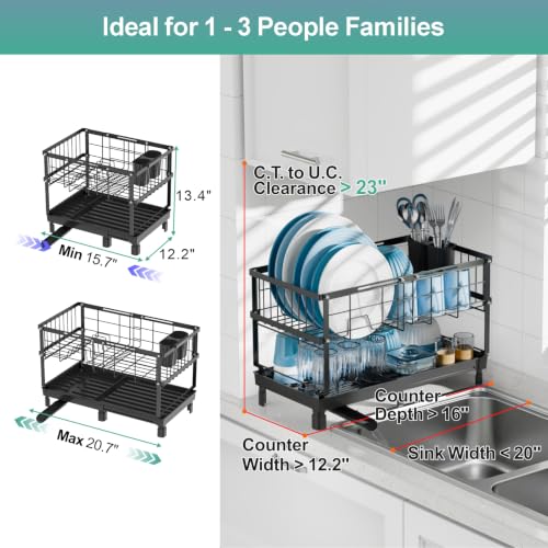 Large 2 Tier Dish Drying Rack - Expandable for Kitchen Counter Black | Spacious Drying Space, 360° Rotating Drain Spout, 12.2 in Deep Design, Removable Utensil Holder, Rust-Resistant, Stable Frame - color: Black, size: Large - 20.7"L x 12.2"D x 13.4"H