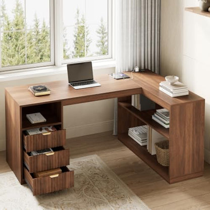 L-Shaped Home Office Desk with Storage Drawers & Shelves, Farmhouse Computer Desk with Power Outlet, 51.25" Writing Desk for Home Workstation Study, Walnut