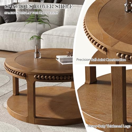 31.5" Round Wood Coffee Table, 2 Tier Modern Center Table,Solid Wood+MDF, Easy Assembly, Accent Table for Living Room, Apartment, Small Space. (Walnut) - color: Walnut-m