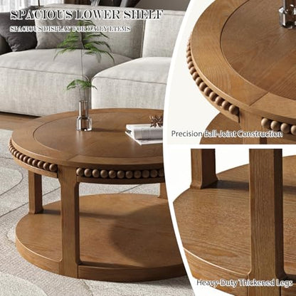 31.5" Round Wood Coffee Table, 2 Tier Modern Center Table,Solid Wood+MDF, Easy Assembly, Accent Table for Living Room, Apartment, Small Space. (Walnut) - color: Walnut-m