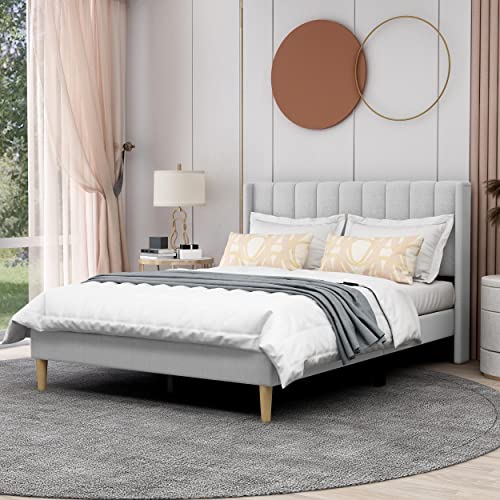 AGARTT Upholstered Platform Bed Frame Full Size, Light Grey Linen | Headboard and Footboard/Wooden Slats Support/No Box Spring Needed/Easy Assembly - color: Light Grey Linen, size: Full