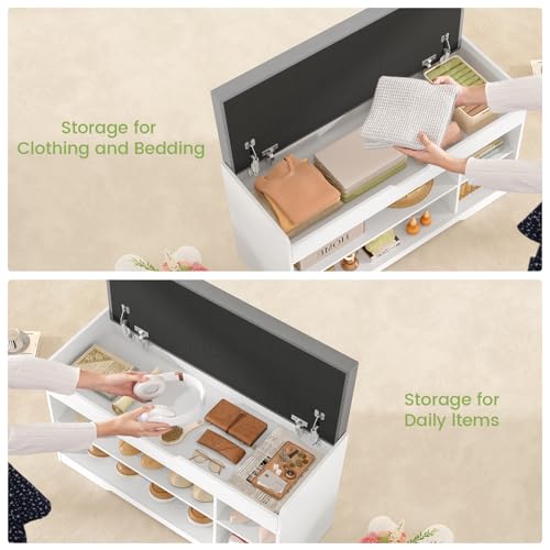 2-Tier Storage Bench, Shoe Bench with Adjustable Shelf & Lift Top Storage, Entryway Bench with Cushioned Seat,13.8"D x 36.2"W x 19.7"H, Shoe Organizer for Entryway, Living Room, Bedroom, White - size: 13.7"D x 36.2"W x 19.6"H