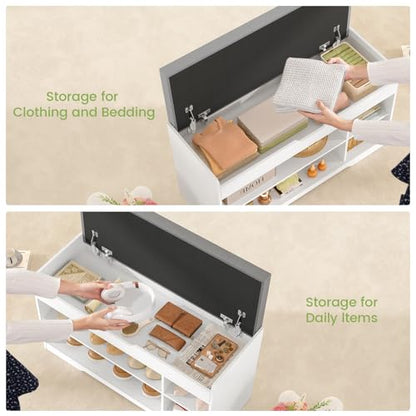 2-Tier Storage Bench, Shoe Bench with Adjustable Shelf & Lift Top Storage, Entryway Bench with Cushioned Seat,13.8"D x 36.2"W x 19.7"H, Shoe Organizer for Entryway, Living Room, Bedroom, White - size: 13.7"D x 36.2"W x 19.6"H