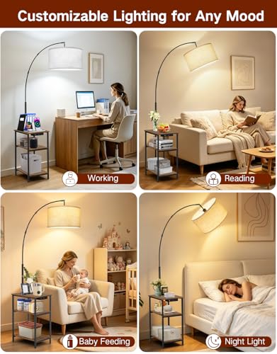 76'' Tall Arc Floor Lamp with Table & Remote, Side End Table with Charging Station, Dimmable Nightstand with 3 Color Temperatures, 1-Hour Timer, 9W LED Bulb for Living Room, Bedroom - color: Rustic Brown With Beige Shade