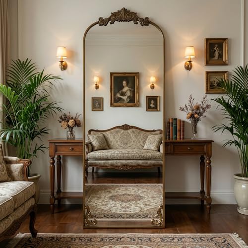 HARRITPURE 64"x21" Vintage Full Length Mirror, Arched Standing Mirror | Baroque Carved Floor Mirror with Metal Frame for Bedroom, Living Room & Entryway, Bronze - color: Bre, size: 64"L x 21"W