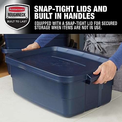 Rubbermaid Roughneck Tote 10 Gal, 8 Pack, Made in USA, Dark Indigo Metallic, Rugged Plastic Stackable Storage Bins with Lids and Handles - size: 10 Gal - 8 Pack