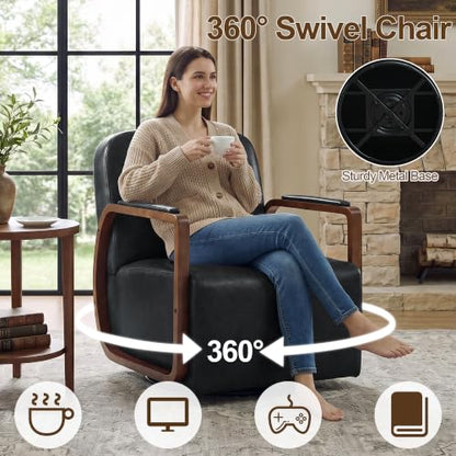 Faux Leather 360° Swivel Barrel Accent Chair, Upholstered Mid Century Modern Reading Lounge Chair with Wooden Armrests & Solid Rotating Metal Base for Living Room Bedroom, Black - color: Black, size: 1 Pack