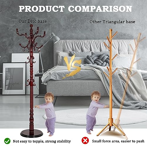 Coat Racks Free Standing with 14 Hooks, Natural Wood Coat Rack with Solid Round Base, Adjustable Height Coat Racks, Easy Assembly for Hallway, Bedroom and Office (Reddish brown) - color: Reddish brown