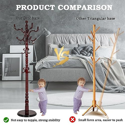 Coat Racks Free Standing with 14 Hooks, Natural Wood Coat Rack with Solid Round Base, Adjustable Height Coat Racks, Easy Assembly for Hallway, Bedroom and Office (Reddish brown) - color: Reddish brown