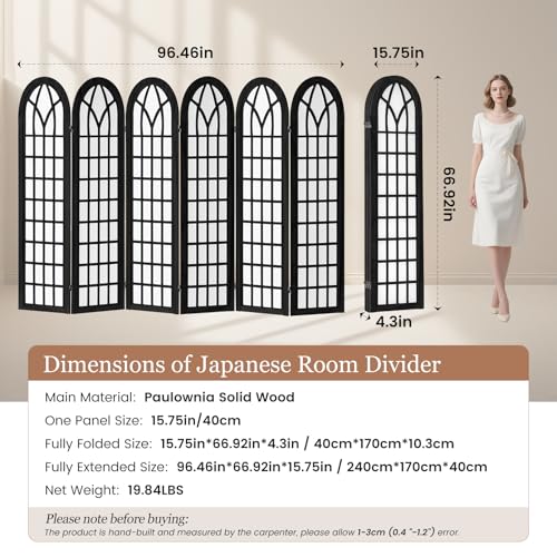 6 Panel Japanese Room Divider, Folding Privacy Screen, Black | Arched Black Wood Room Divider, 94.5"W X 66.9"H, Fully Assembled For Bedrooms, Open Rooms, Dining Areas, And Offices - color: 6 Panel Black, size: 6 Panel