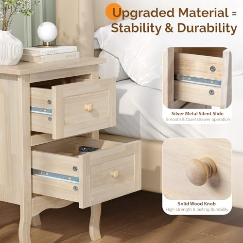 Bonnlo Nightstands Set of 2, Solid Wood Nightstand Unfinished for Color DIY, Small Night Stand for Bedroom, Natural Wood Nightstand with Drawers, Light Wood Nightstands, Real Wooden Bed Side Table - color: Natural Wood