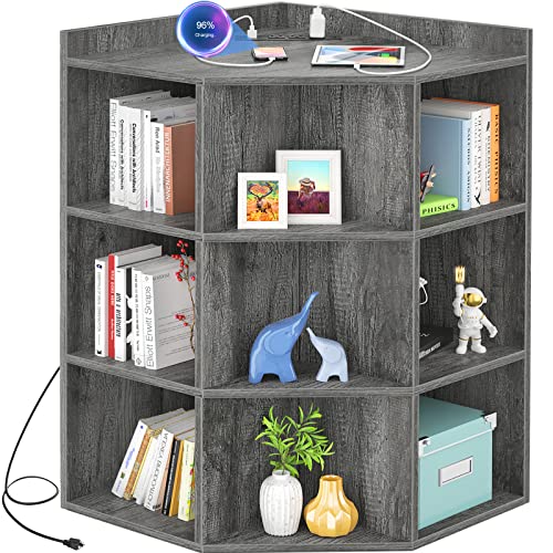 Aheaplus Corner Cabinet, Corner Storage with USB Ports and Outlets, Corner Cube Toy Storage for Small Space, Wooden Cubby Bookshelf with 9 Cubes for Playroom, Bedroom, Living Room, Grey Oak - color: Black Oak, size: 4-Tier