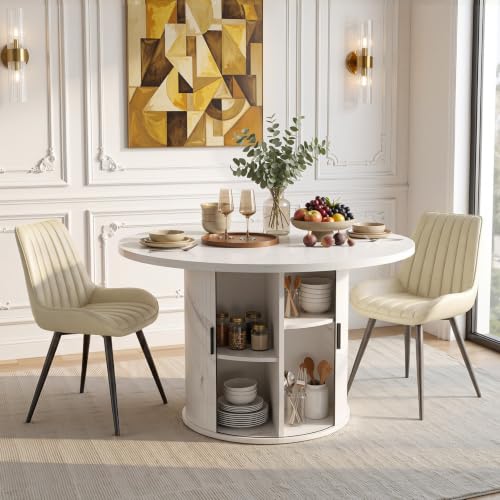 3-Piece Round Dining Table Set for 2, 47-Inch Modern Faux Marble Dining Table with Half-Open Storage Shelf, Comfort Dining Chairs with Thick Cushions (White Faux Marble Table + 2 Beige Chairs) - color: White Faux Marble Table + 2 Beige Chairs-43, size: 3-