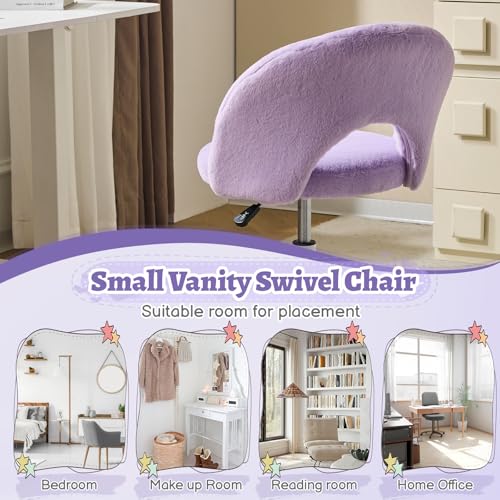 VINGLI Small Vanity Chair with Faux Fur Wheels for Girls,Cute Adjustable Height Armless Office Desk Chair,360°Swivel Comfy Rolling for Study,Make up Room,Small Space,Purple - color: Furry Purple
