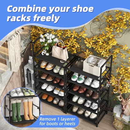 Simple Trending 10 Tiers Tall Shoe Rack for Closet, Black | Narrow Shoe Shelf, Holds 20 Pairs, Shoe Organizer Storage, With Hooks - size: 10 Tiers Narrow, Black