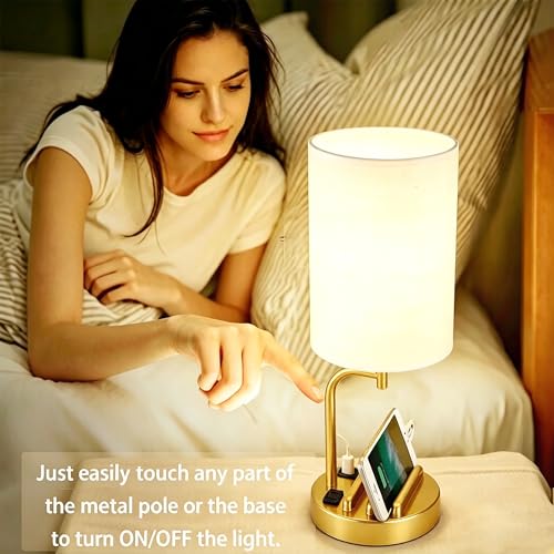 Dreamholder Touch Control USB Table Lamp with USB C/A & AC Outlet, 3-Way Dimmable Bedside Lamp, Modern Nightstand Lamps for Bedroom Living Room Guest Room Office, Bulb Included, Gold - color: Gold