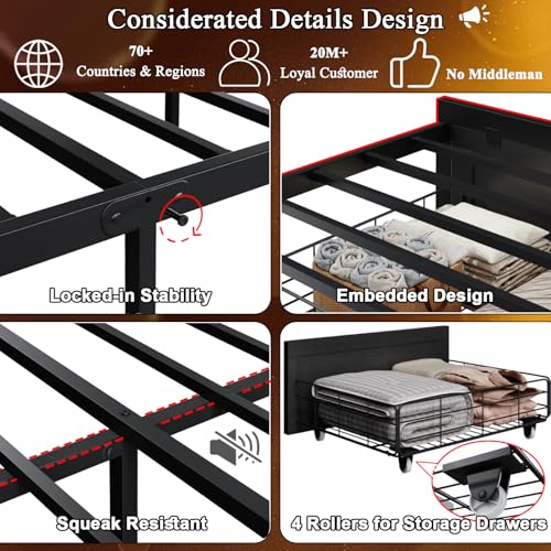 King Bed Frame with Storage Headboard, Farmhouse Platform Bed Frame with Bookshelf, Drawers, LED Lights and Charging Station, Metal Slats Support, Noise Free, No Box Spring Needed, Black - size: King