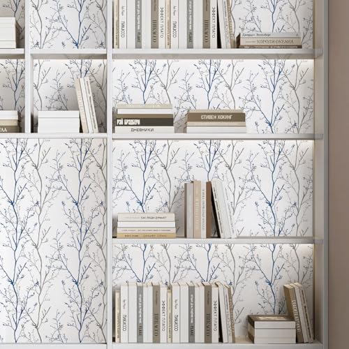 Grey Blue Tree Branches Peel and Stick Contact Paper 17.7" x 236" Modern Tree Branch Removable Wallpaper Natural Wall Paper Self-Adhesive Vinyl for Drawer Liner Furniture Crafts Accent Walls - size: 17.7" x 236"