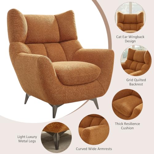 34.6" Oversized Accent Chair with WingBack, Teddy Boucle Curry | High Back, Wide Armrests, Metal Legs, Cozy Deep Seat Armchair , Reading Chair for Living Room, Bedroom, Apartment, Office - color: Curry, size: Set of 1