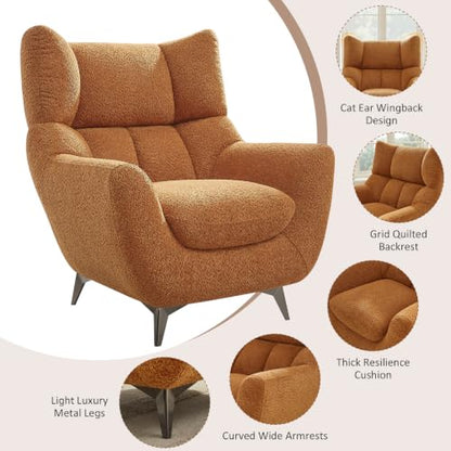 34.6" Oversized Accent Chair with WingBack, Teddy Boucle Curry | High Back, Wide Armrests, Metal Legs, Cozy Deep Seat Armchair , Reading Chair for Living Room, Bedroom, Apartment, Office - color: Curry, size: Set of 1