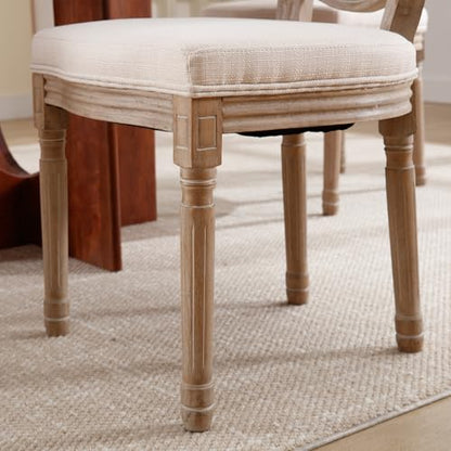 Kmax Farmhouse Dining Room Chairs, Brown Wood Legs Elegant Tufted Kitchen Chairs, French Distressed Bedroom Chairs with Round Back, Set of 2, Beige - color: Antique Brush-fabric-beige, size: 2 Chairs