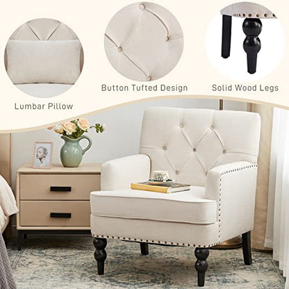 HUIMO Accent Chair, Tufted Upholstered Club Chair, Beige | Upholstered Fabric Armchairs, Button Tufted Reading Chairs for Living Room, Bedroom - color: Beige