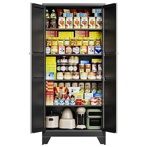 75" H Metal Storage Cabinet with 2 Doors and 4 Shelves,Tall Kitchen Pantry Cabinets,Farmhouse Utility Pantry Organizers for Cupboard/Dining/Bathroom/Home Office/Garage Room,Black - color: Black, size: 16” D x 32” W x 75” H-B