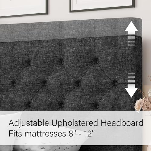 HOMBCK Full Size Bed Frame with Headboard, Linen Fabric Upholstered Bed, Grey Bed Frame with Wood Slats, Button Tufted, No Box Spring Needed, Dark Grey - color: Dark Grey, size: Full