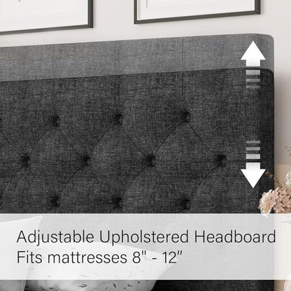 HOMBCK Full Size Bed Frame with Headboard, Linen Fabric Upholstered Bed, Grey Bed Frame with Wood Slats, Button Tufted, No Box Spring Needed, Dark Grey - color: Dark Grey, size: Full