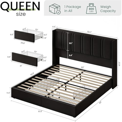 Queen Size Bed Frame with 4 Storage Drawers and Wingback Headboard Velvet Upholstered Platform Bed Frame with Wooden Slats, Easy Assembly, Black | 4 Storage Drawers, Wingback Headboard, No Box Spring Needed, Easy Assembly - color: Black, size: Queen