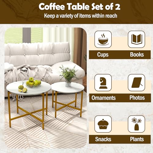 GOFLAME Nesting Coffee Table Set of 2, Round Coffee Tables with Wood Tabletop & Heavy-Duty Metal Frame, Modern Circle End Table & Side Tables, Nesting Tables for Living Room, Bedroom (White) - color: White