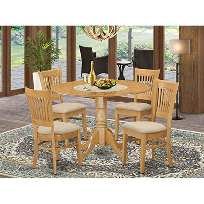 East West Furniture DLVA5-OAK-C 5 Piece Kitchen Table & Chairs Set Includes a Round Dining Room Table with Dropleaf and 4 Linen Fabric Upholstered Chairs, 42x42 Inch, Oak - color: Dlva5-oak-c