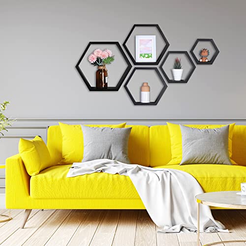 Hexagon Shelves,Floating Wall Shelf,Honeycomb Octagon Cube Shelves Wood | Decorative Shelf Wall Mounted Hanging Storage Display for Bathroom Kitchen Living Room Office Decor,Set of 5,Rustic Black - color: Rustic Black, size: 5PCS
