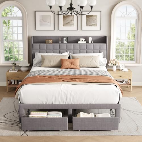 DUMOS Queen Bed Frame, Upholstered Platform Bed Frame with Storage Drawers | Queen Size Bed Frame With Storage Drawers, with Headboard, Wood Bed Slats Support 882 lbs, No Box Spring Needed, Grey - color: Dark Gray, size: Queen (U.S. Standard)